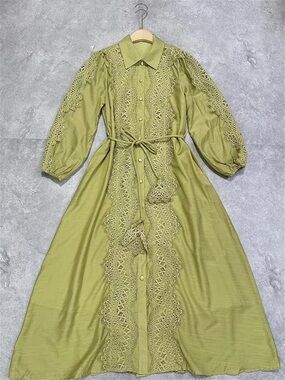 Lace-Trim Button-Front Olive Green Maxi Dress